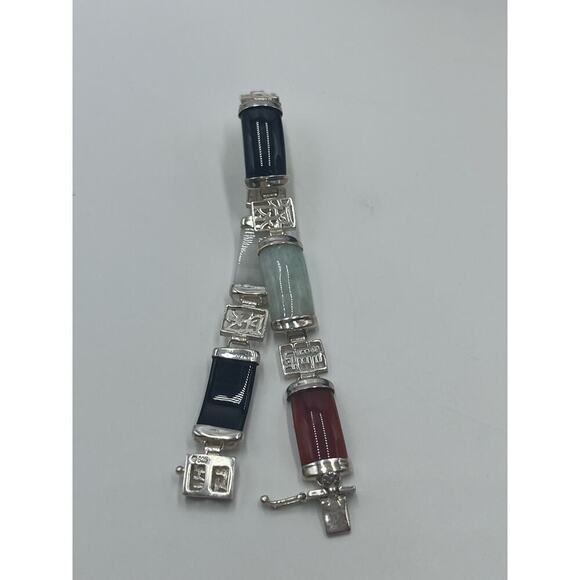 Vintage 1960's Signed Chinese Jadeite Sterling Panel Link Bracelet 7.5" Length - Picture 8 of 14